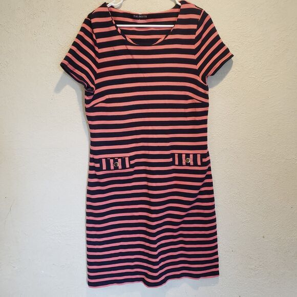 Talbots Dress Women’s Sz L Black Pink Striped  Short Sleeve Knee Length - Picture 1 of 9